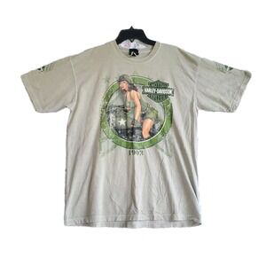 Harley Davidson Mens Green Army Military Pin Up Girl Biker Motorcycle T-Shirt L